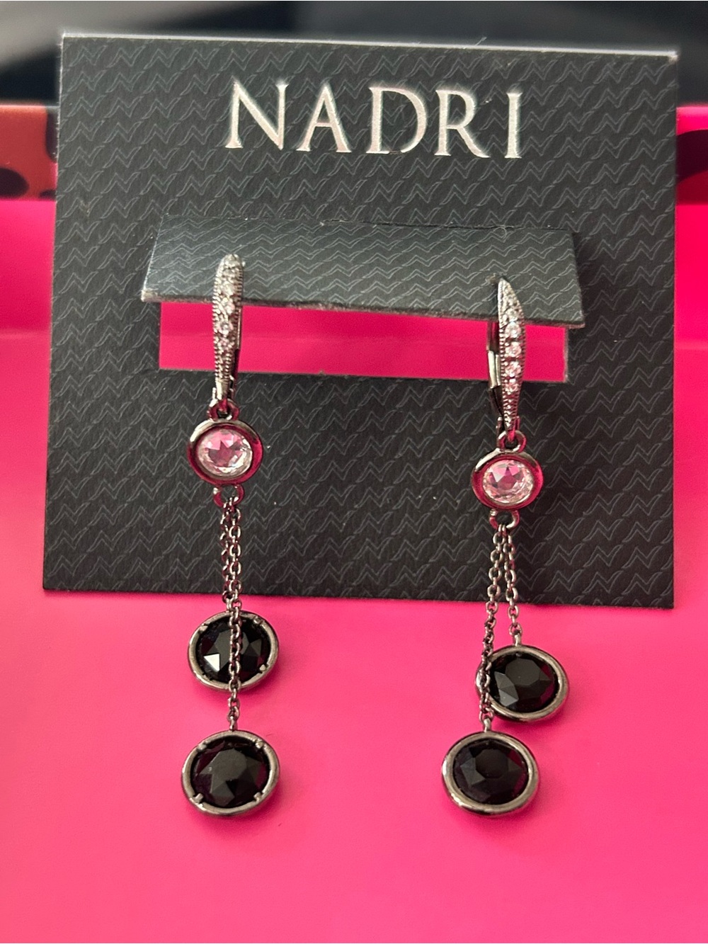 Nadri Gunmetal Drop Earrings with Clear Crystal and Black Stones